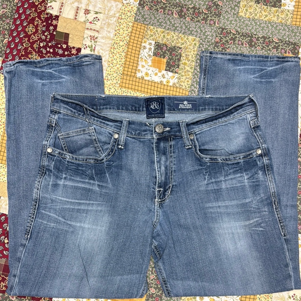 Rock & Republic Men's Relaxed Straight Men's Distressed Blue Jeans